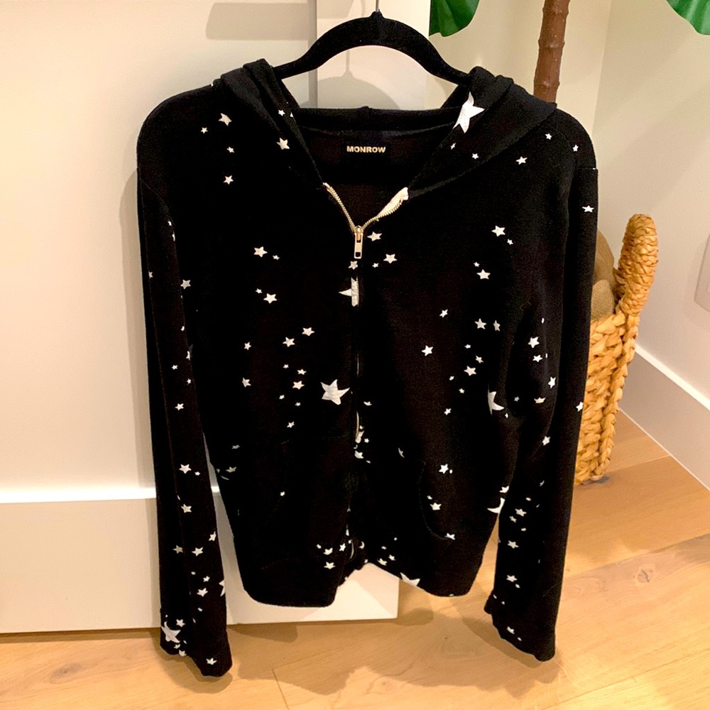 REVOLVE MONROW Star Zip Up Hoodie Cardigan Sweater BLACK WHITE Sz L
